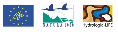 Kolme logoa: EU:n Life- lippulogo, Natura 2000 ja Hydrologia-LIFE.