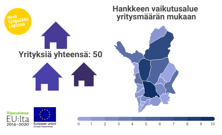 Infogram-kuva, jossa kartalla esitettynä hankkeen vaikutusalue osallistuneiden yritysten mukaan. Yrityksiä mukana oli eniten Rovaniemeltä, Kittilästä ja Inarista.