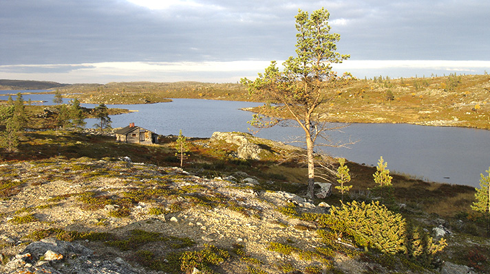 Mäkinen maisema Lapissa: vesistö, jonka rannalla mökki.