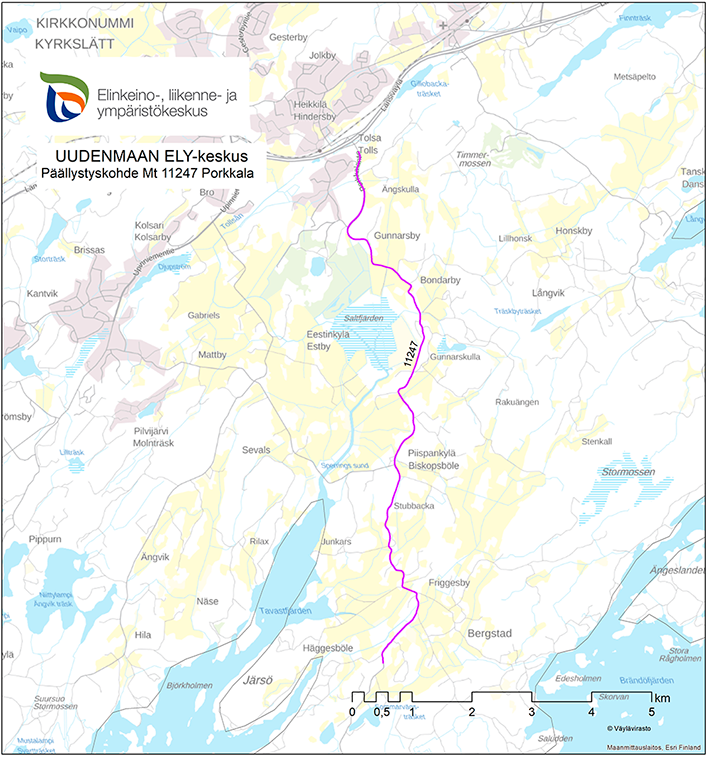 Karttakuva päällystystyöstä Porkkalantiellä välillä Drusibackantie - Häggesbölentie.