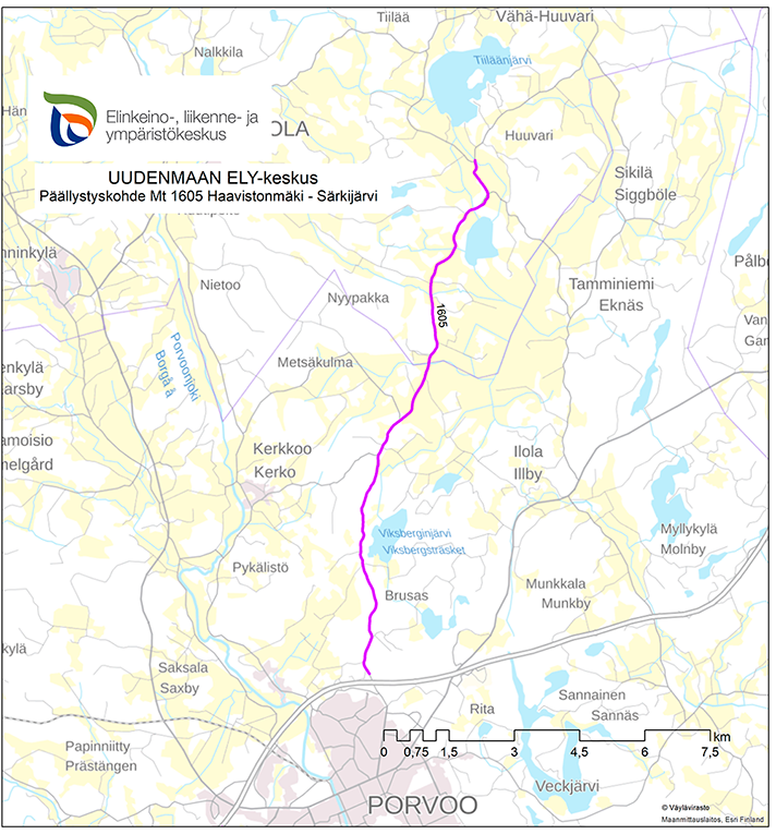 Karttakuva päällystystyöstä Myrskylän tiellä välillä Vt 7 - Särkijärventie.