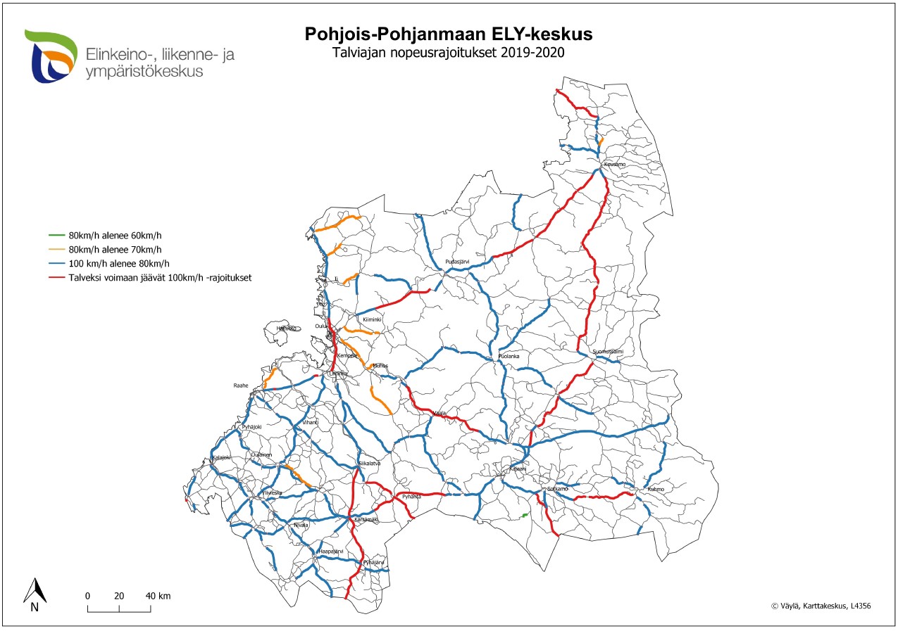 Kartta talvi- ja pimeän ajan nopeusrajoituksista talvikaudella 2019-20 Pohjois-Pohjanmaan ja Kainuun maanteillä.