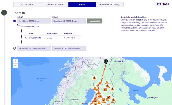 Esimerkki sähköisen palvelun reittiehdotuksesta.