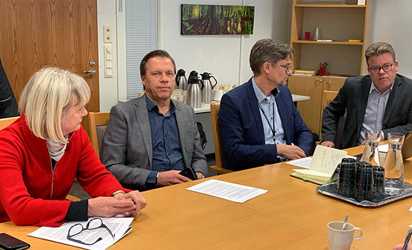 TE-toimiston johtaja Maire Mäki, ELY-keskuksen johtaja Petri Keränen, ELY-keskuksen ylijohtaja Jonas Liimatta ja Raahen seutukunnan kehittämiskeskuksen johtaja Pasi Pitkänen.
