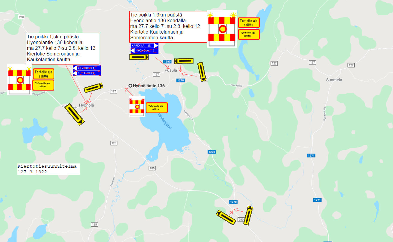 Kartta kiertoreitistä, klikkaamalla kuva avautuu suurempana.