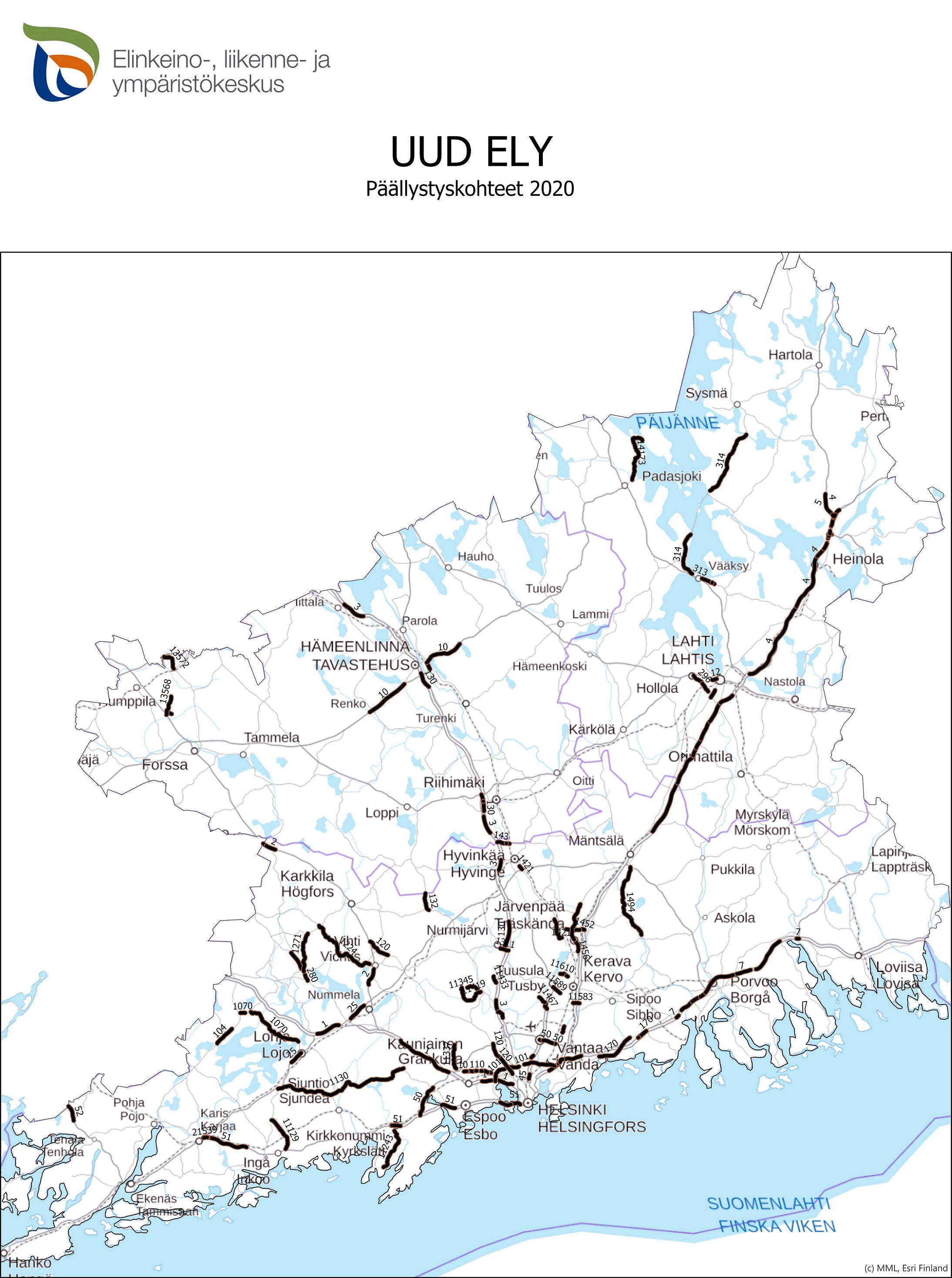 Päällystyskohteet 2020 kartalla.