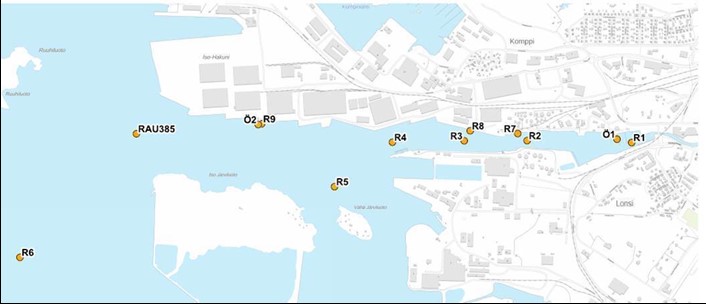 Kartta näytteenottoasemien sijannista Rauman satama-alueella 27.7.2020.