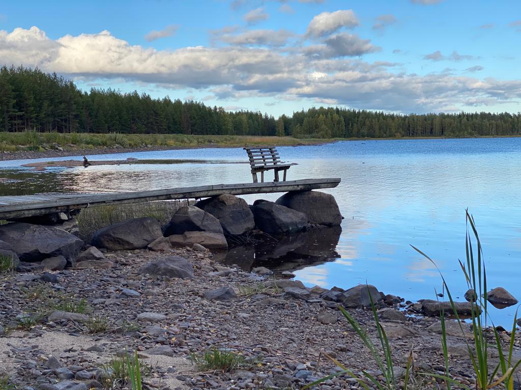 Maisemakuva Hirvijärven tekojärveltä syyskuussa 2020. Vesi on matalalla.