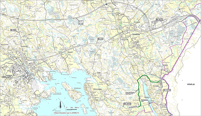Karttakuva suunnittelukohteen sijainnista ja alustava korvaava tieyhteys.