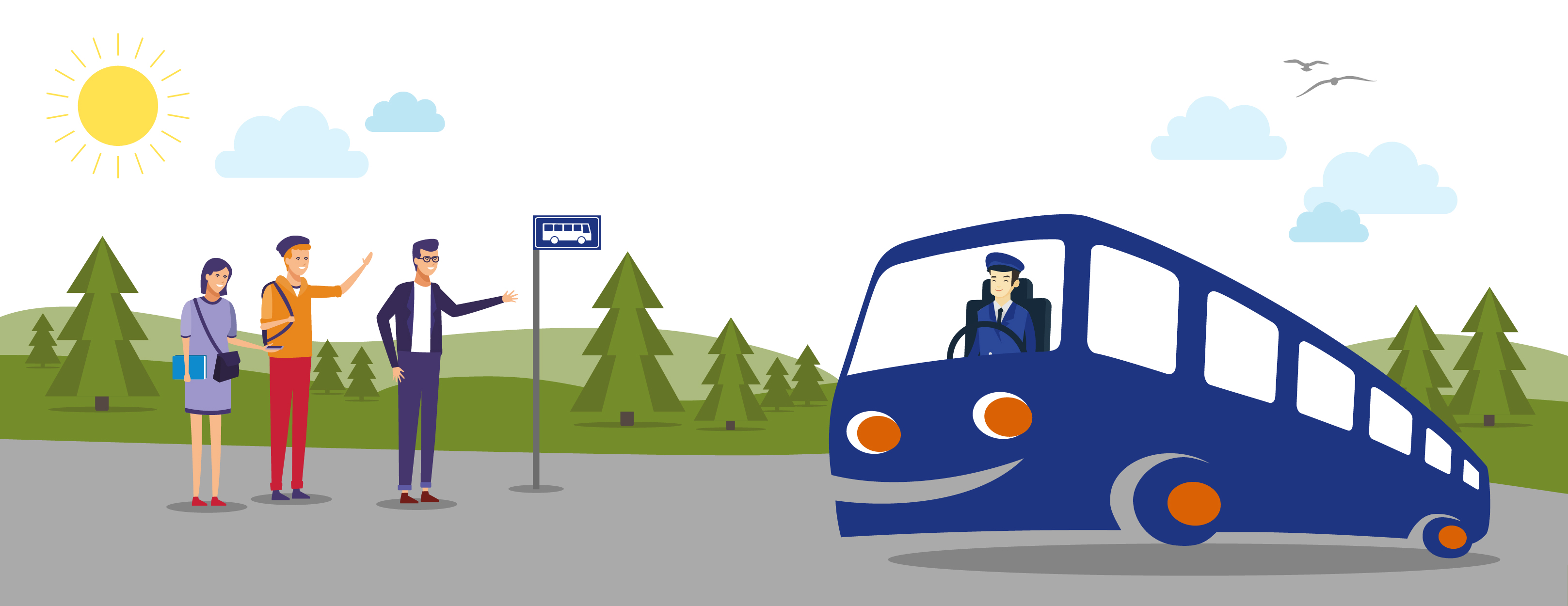 Piirroskuva Joukkis linja-autosta ja pysäkillä odottavista matkustajista.