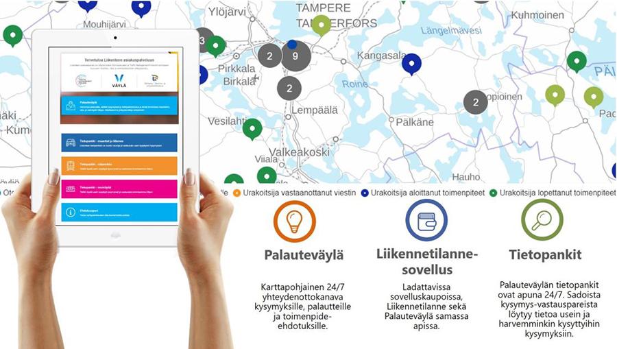 Käsi pitelee ipadia, missä näkuu palvelun etusivun valikko ja karttakuva.