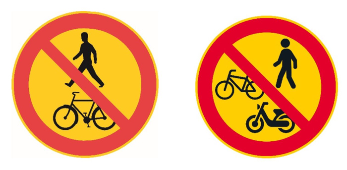 Polkupyörällä ja mopolla ajo kielletty. Rinnakkain vanha ja uusi liikennemerkki.