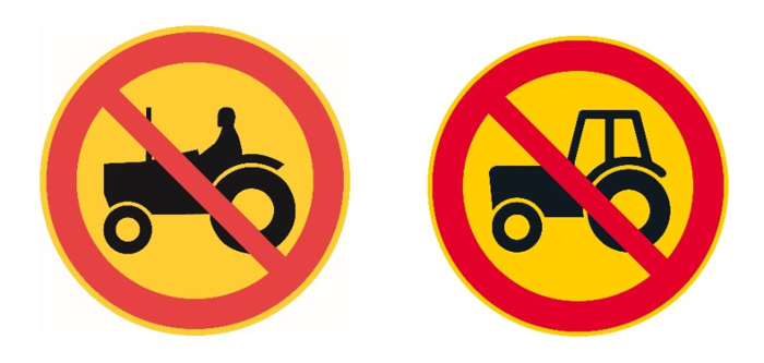 Traktorilla ajo kielletty. Vanhan ja uuden liikennemerkin ulkoasun ero on vähäinen.