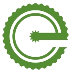 Akselireitistön logo, vihreä e-kirjain muodostaa pyöränrenkaan.