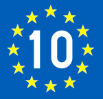 EuroVelon logo, valkoinen numero kymmenen keltaisten tähtien ympäröimänä sinisellä pohjalla.