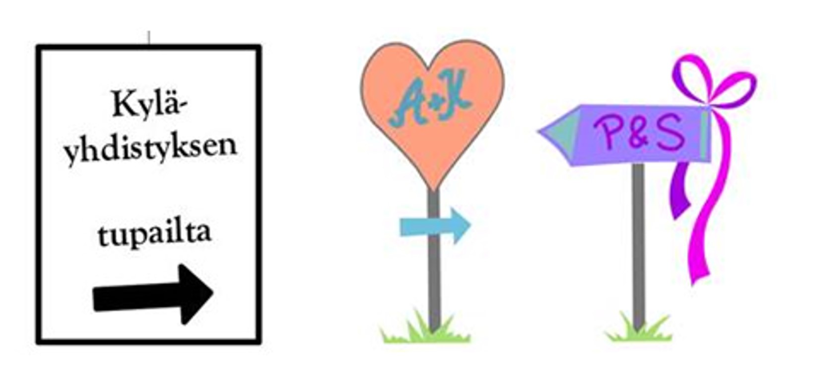 kylttejä, joissa teksti kyläyhdistyksen tupailta ja nuoli, hääopaste, jossa nimikirjaimet ja nuoli.