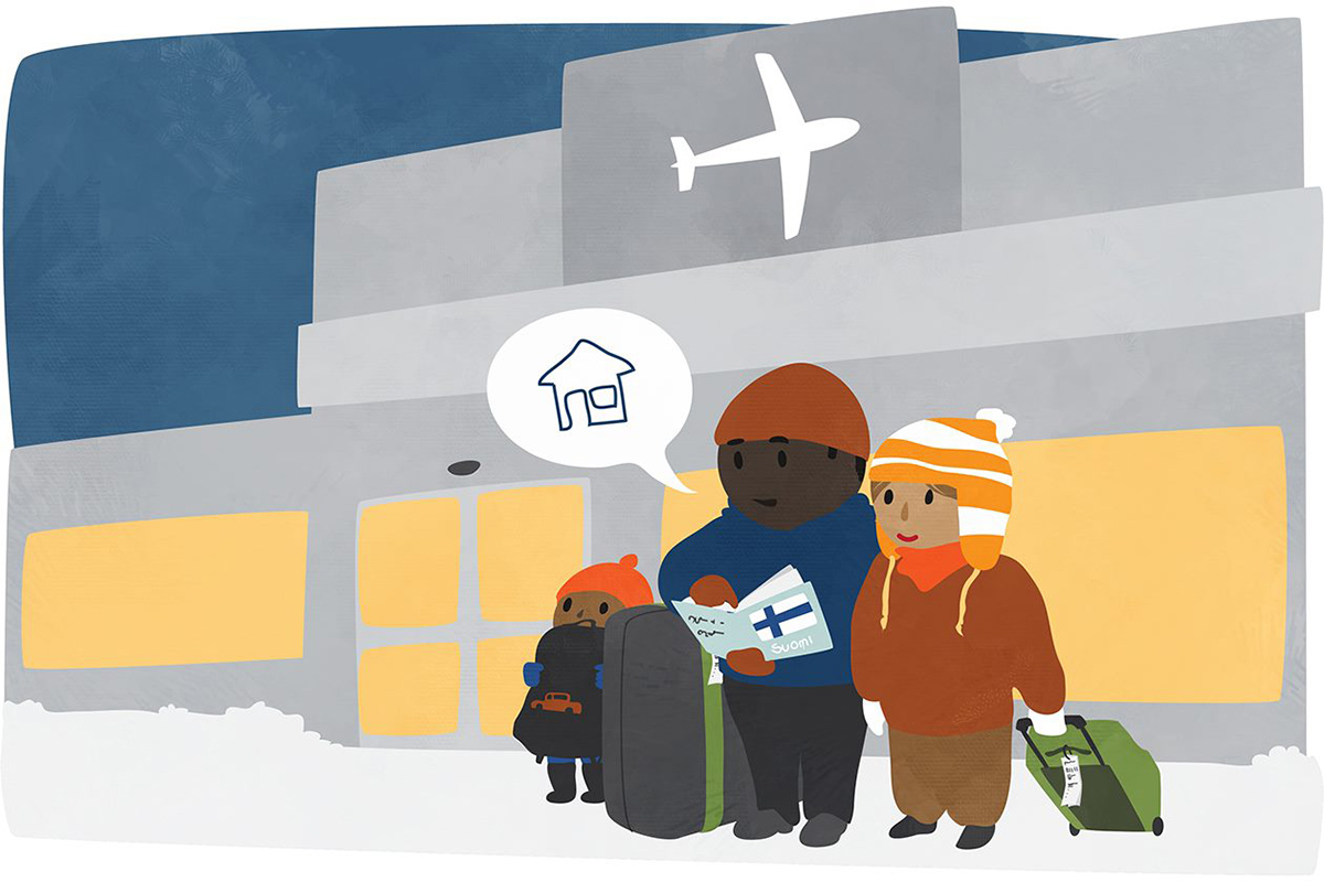 Piirroskuva ihmisistä jotka odottavat lentokentällä matkalaukkujen kanssa talvisissa olosuhteissa. 