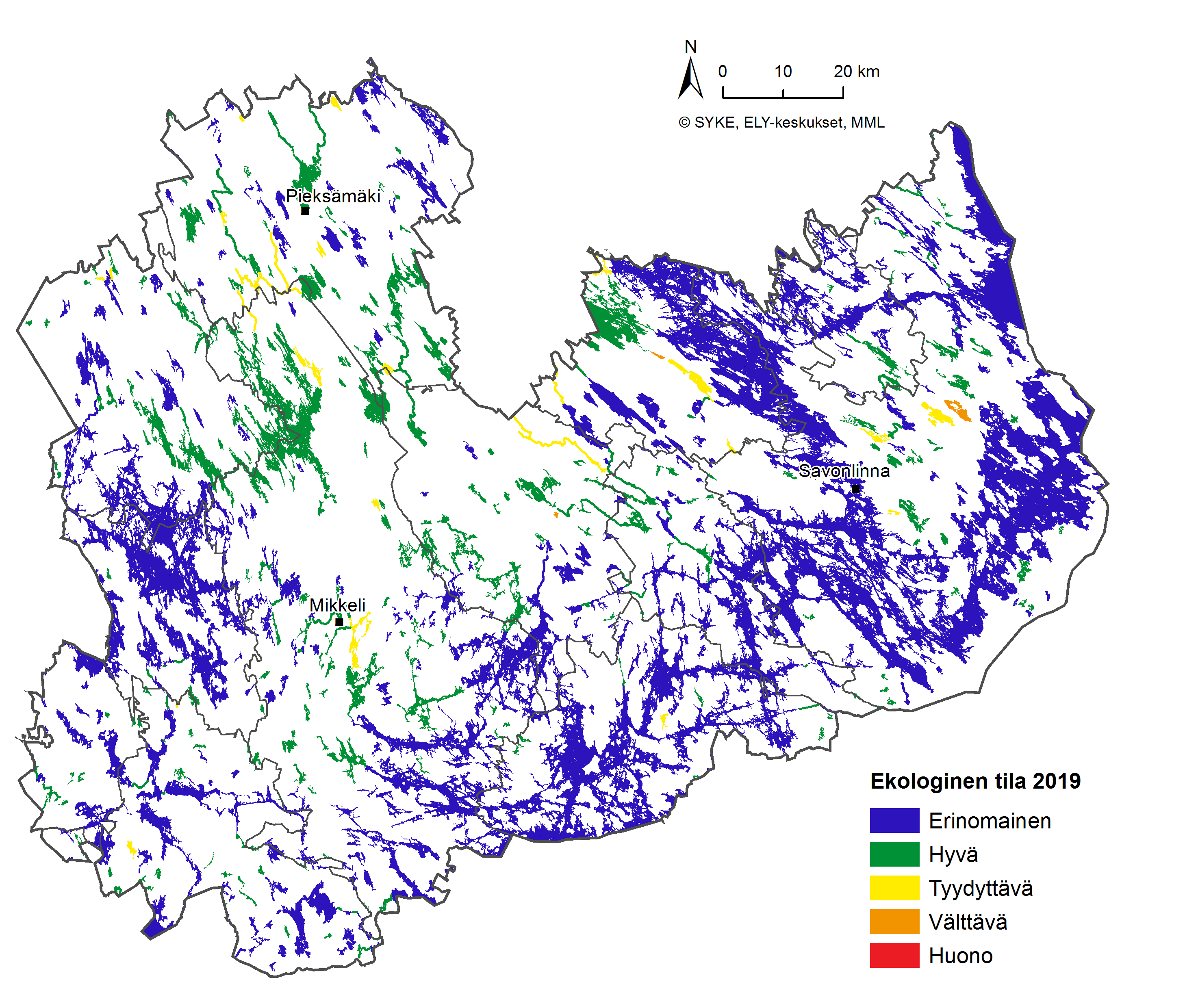 Kartta Etelä-Savon vesien ekologisesta tilasta.