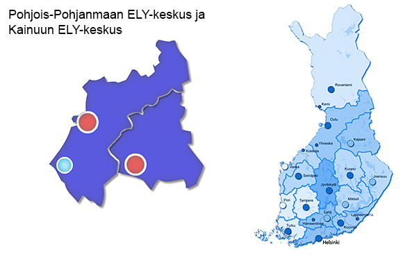Kaksi karttakuvaa, joista ensimmäisessä kuvattuna Pohjois-Pohjanmaa ja Kainuu ja toisessa kaikki ELY-keskusalueet Suomessa..