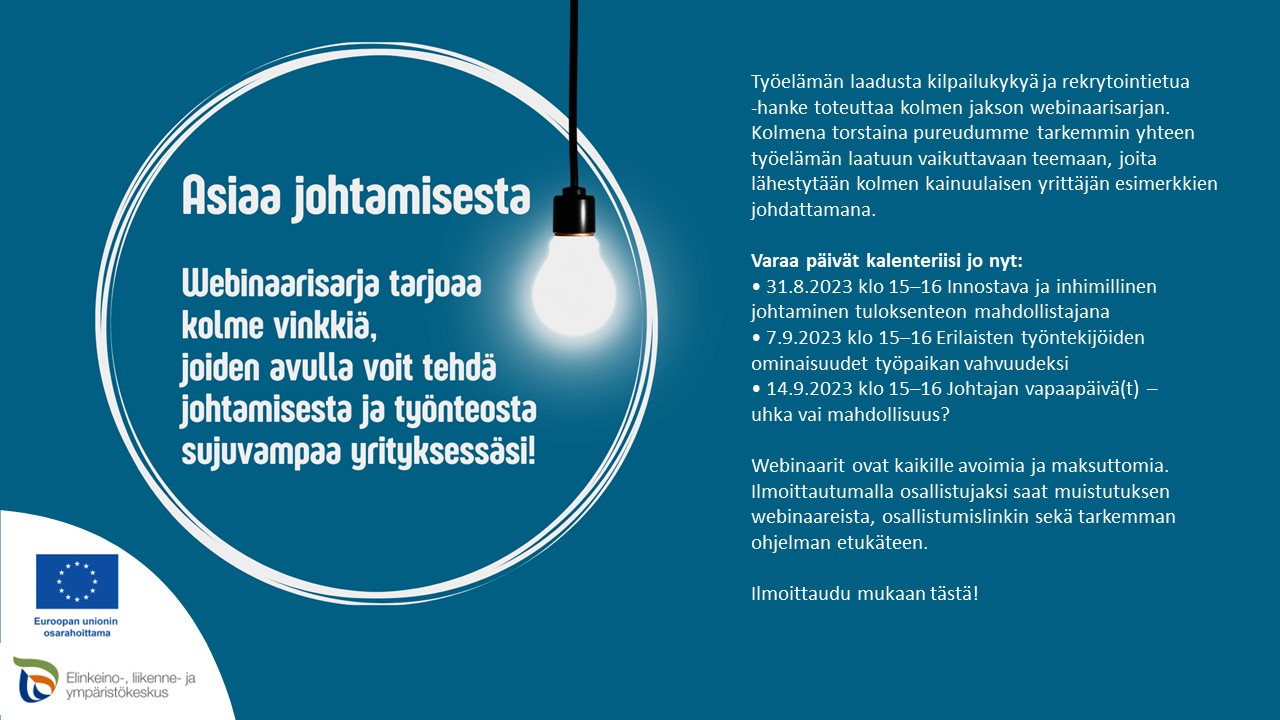 Asiaa johtamisesta webinaarisarjan mainos, jossa mm. webinaarien aikataulu. Sama teksti ilmoituksessa.