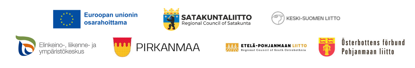 Logot: EU:n osarahoittama, Satakuntaliitto, Keski-Suomen liitto, Elinkeino-, liikenne- ja ympäristökeskus, Pirkanmaan liitto, Etelä-Pohjanmaan liitto ja Pohjanmaan liitto.