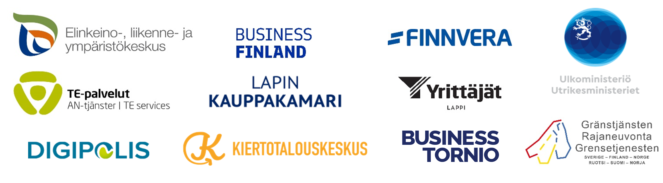 Logoja: Lapin ELY-keskus, Business Finland, Finnvera, TE-toimisto, Suomen ulkoministeriö, Lapin kauppakamari, Lapin Yrittäjät, Digipolis, Kiertotalouskeskus, Business Tornio ja Rajaneuvonta.