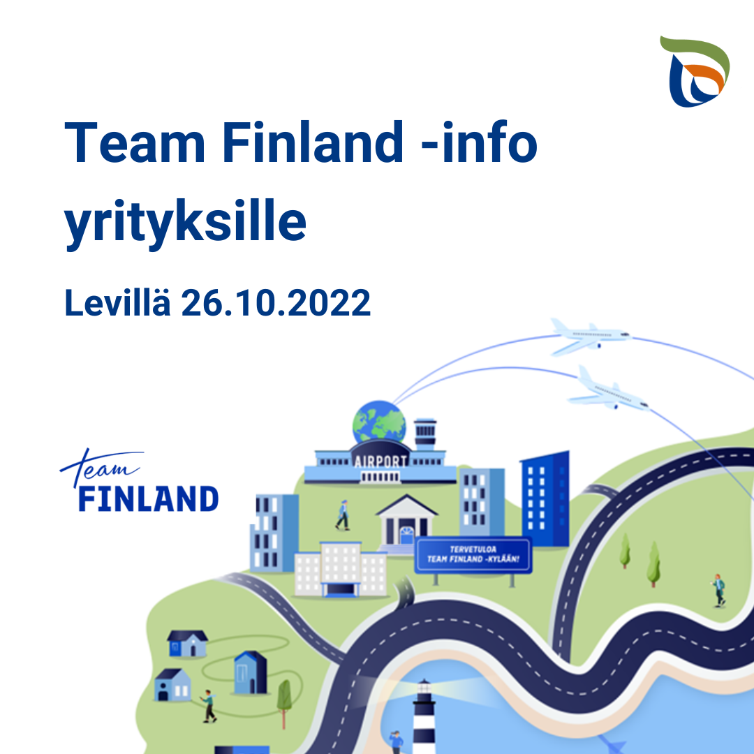 Team Finland -info Levillä 26.10.2022. Piirros kaupungista, jota halkoo maantie. Lentokentältä lähtee lentokoneita.