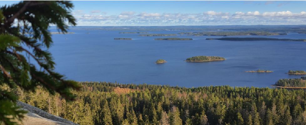 Järvimaisema korkealta mäeltä kuvattuna.