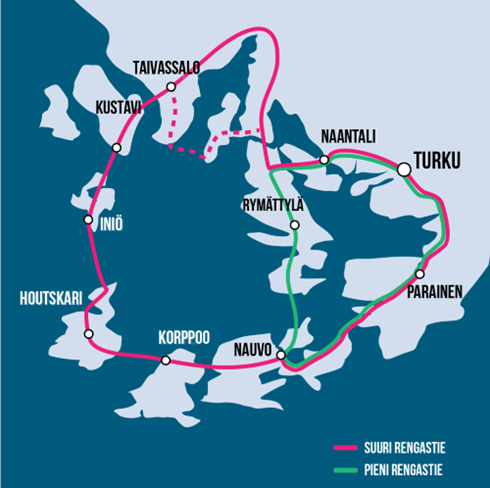 Piirroskuva, johon Saariston suuri rengastie on merkitty punaisella viivalla, joka kulkee reittiä Turku - Parainen - Nauvo - Korppoo - Houtskari - Iniö - Kustavi - Taivassalo - Naantali - Turku. Lisäksi Saariston pientä rengastietä kuvaava vihreä viiva, joka kulkee reittiä Turku - Parainen - Nauvo - Rymättylä - Naantali - Turku.