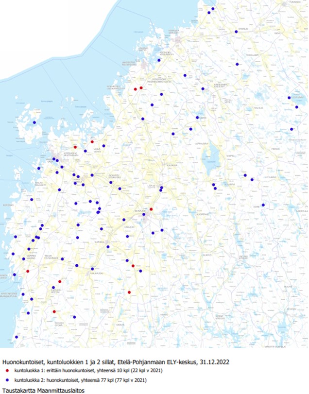 Kuva 12. Etelä-Pohjanmaan ELY-keskus, huonokuntoiset sillat. Huonokuntoisia siltoja on tasaisesti Kristiinankaupungin-Seinäjoen- ja Kokkolan rajaamalla Etelä-Pohjanmaan ELY-keskuksen läntisellä puoliskolla. Suurin osa näistä sijoittuu Närpiön-Kauhajoen-Seinäjoen ja Vaasan rajaamalle alueelle. Huonokuntoisia siltoja on myös muutamia Seinäjoki-Kokkola linjan itäpuolella. Erittäin huonokuntoisista silloista 6 sijoittuu Närpiö-Karijoki-Isojoki-Jalasjärvi alueille, 1 kpl Seinäjoki, 2 kpl Mustasaari-Vöyri, 2 kpl Uusikaarlepyy alueelle.