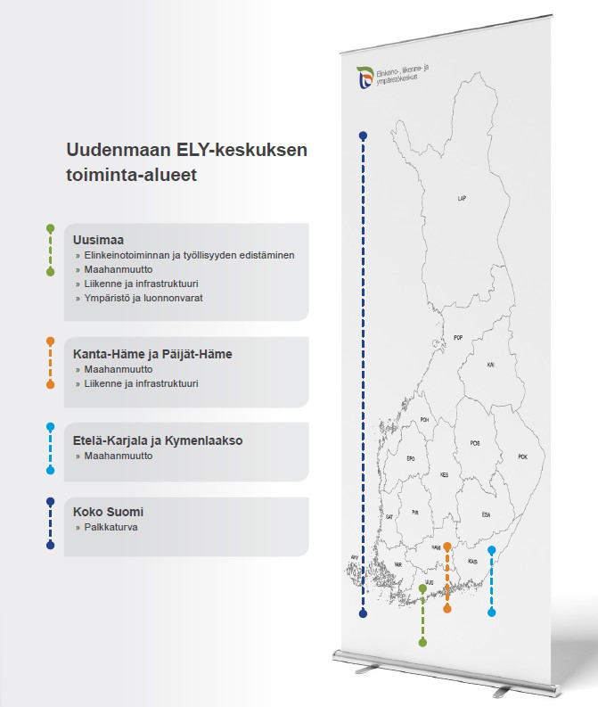 Suomen kartta näyttää Uudenmaan ELY-keskuksen toiminta-alueet.