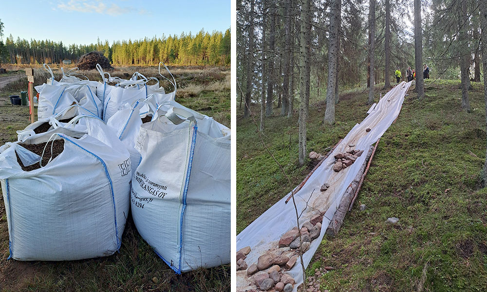 Purokunnostuksia varten tilattiin soraa ja kiviä ja kivien ja soran kuljetusta varten kehitelty liukumäki.