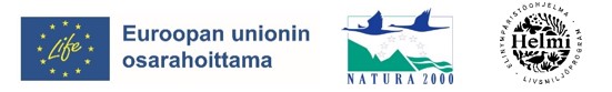 Kolme logoa: Euroopan unionin osarahoittama, Natura-ohjelma ja Helmi-ohjelma.