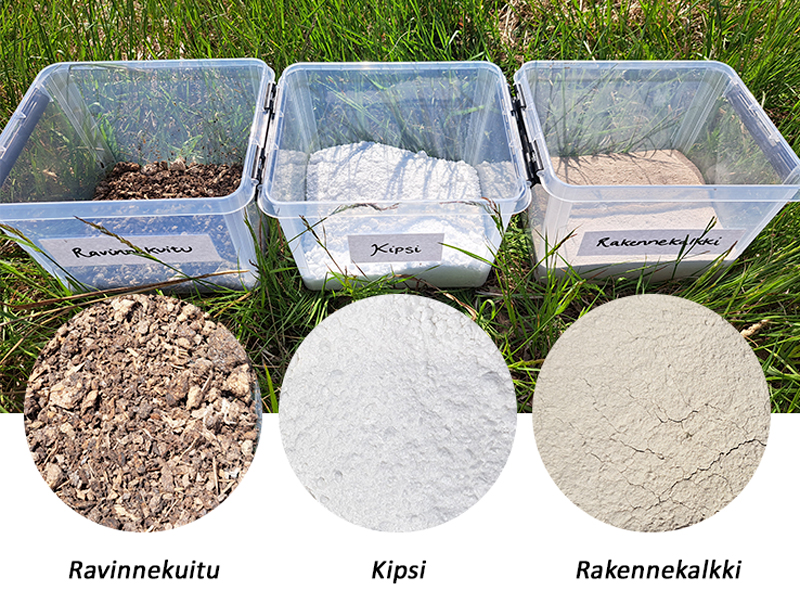 Ravinnekuitu, kipsi ja rakennekalkki.