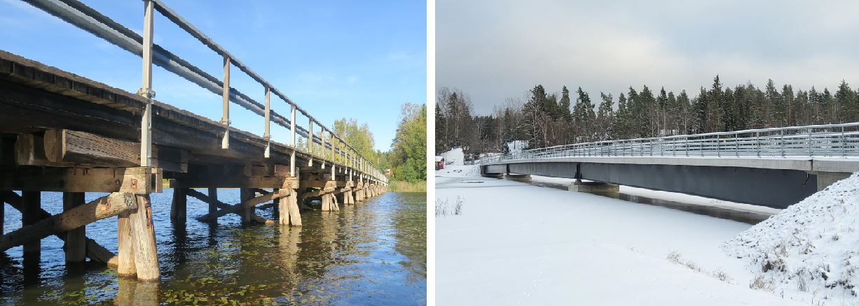 Kuvat vanhasta Kiiskijärven sillasta (KaS-788) vuodelta 2020 sekä uudesta Kiiskijärven sillasta (KaS-791) vuodelta 2023. 