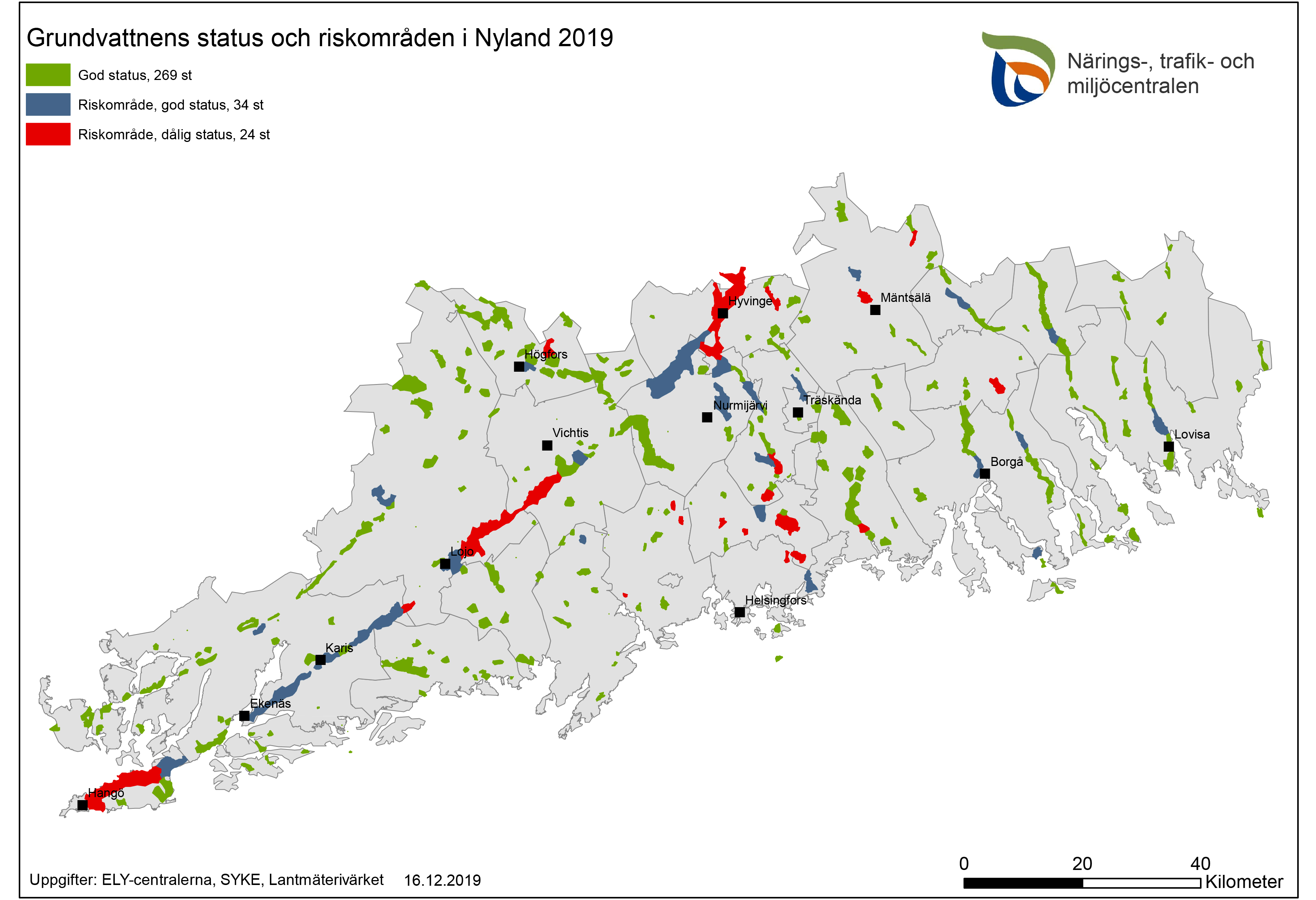 Karta över grundvattnens status och riskområden 2019.