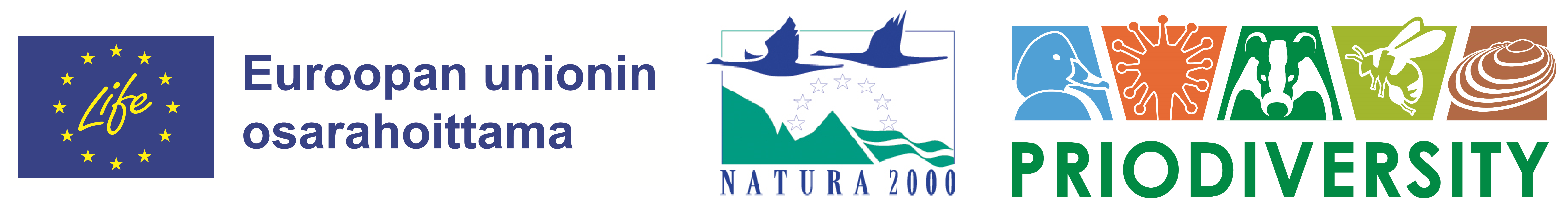 EU Life -logo, Natura 2000 -logo ja Priodiversity-logo.