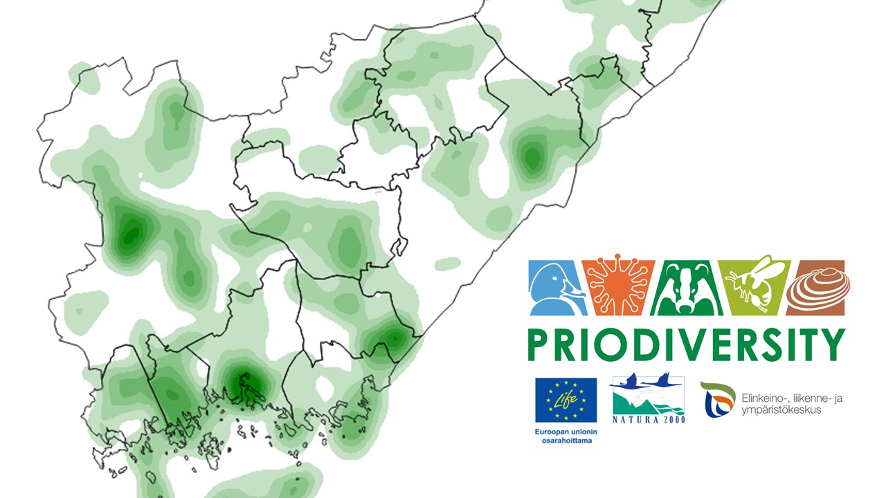 Karttapiirros ja logot: Priodiversity, Life Euroopan unionin osarahoittama, Natura 2000 ja Elinkeino-, liikenne- ja ympäristökeskus,