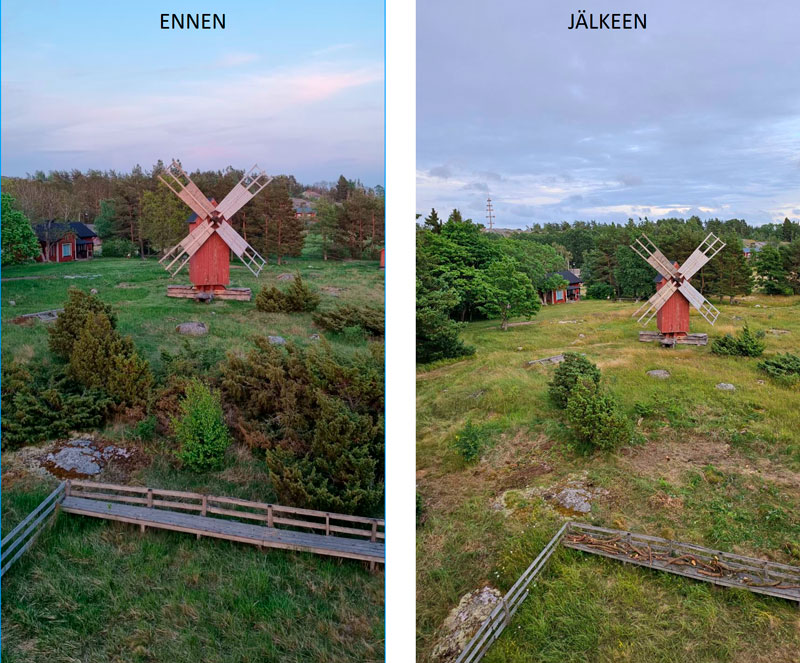 Iniön saariston kunnostuskohde. Ensimmäisen vuoden hoitotöiden ”ennen ja jälkeen” -kuvapari.