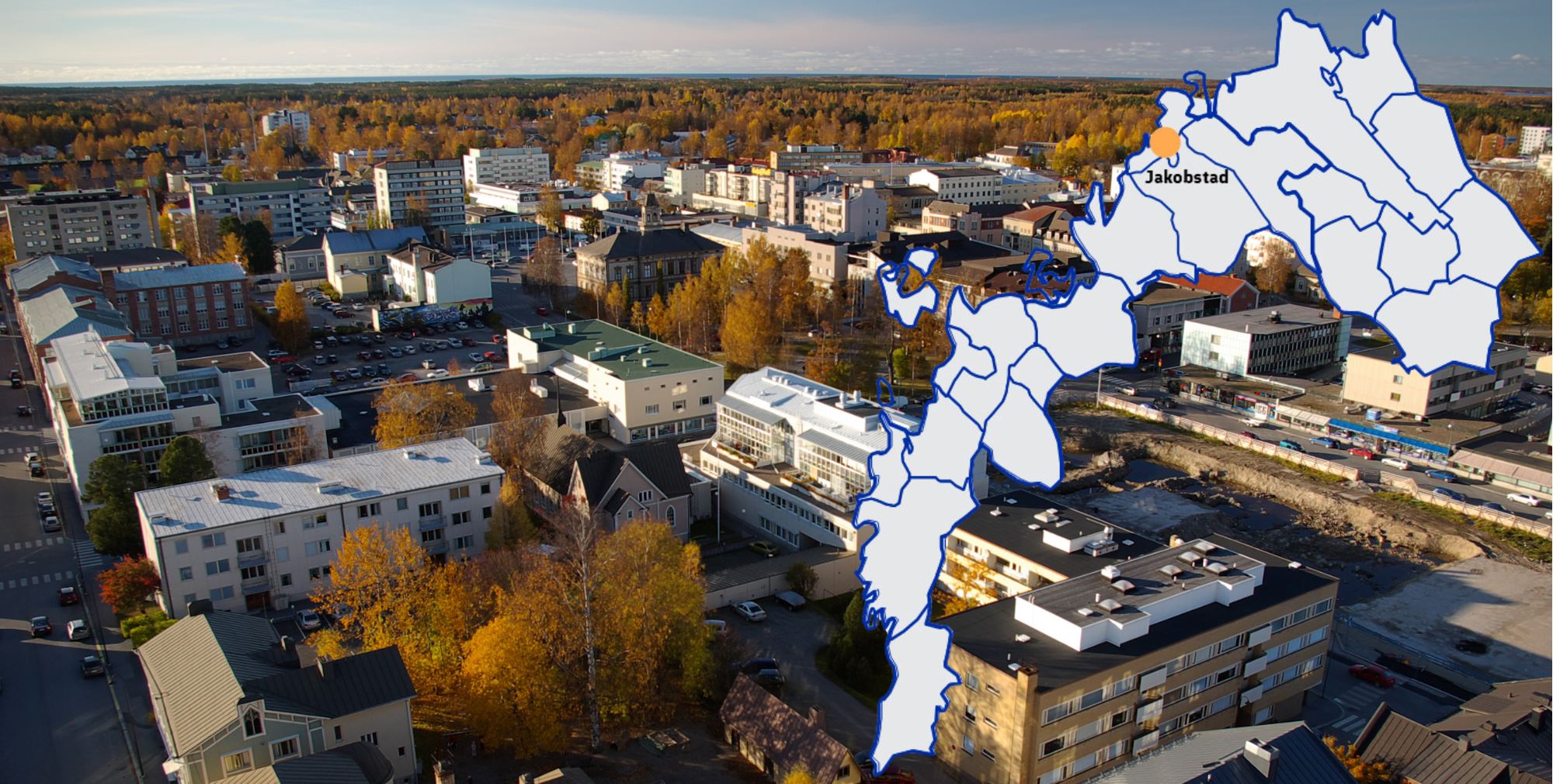 Jakobstad city centre from above. A map of Otsrobothnia with Jakobstad marked. 