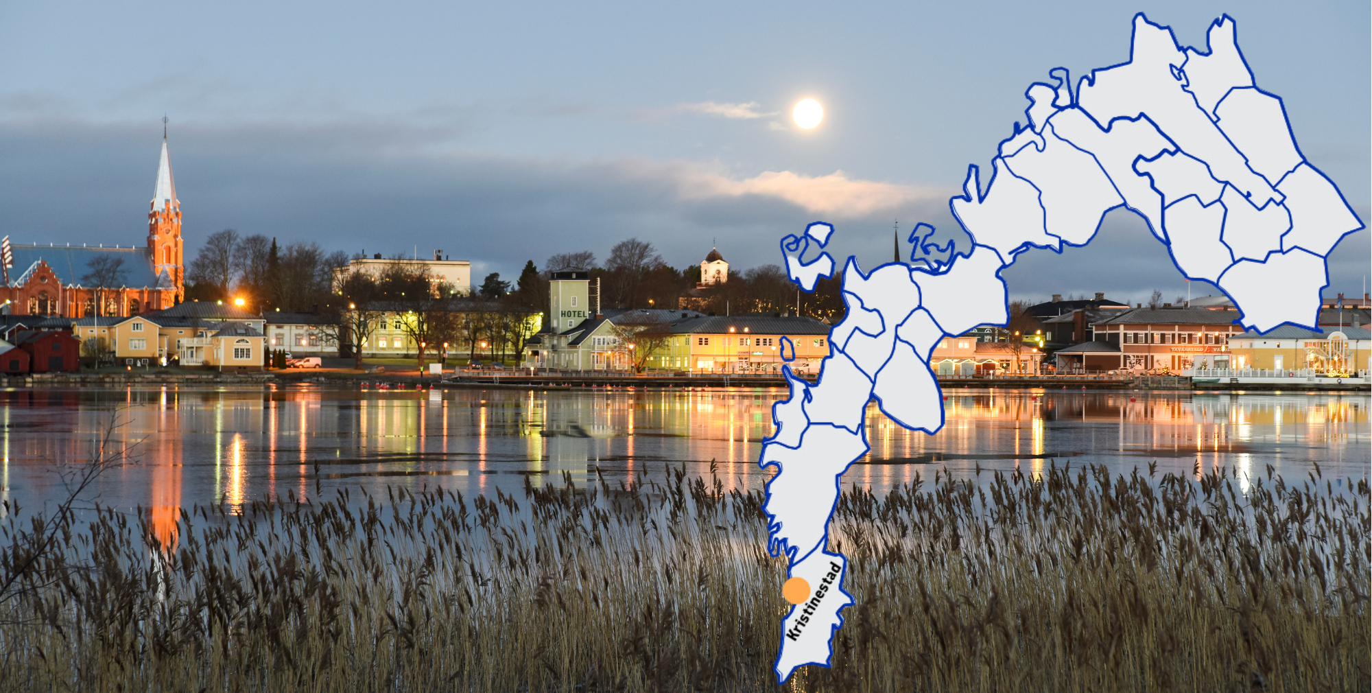 Water and some buildings, and a picture of a map with Kristinestad marked. 