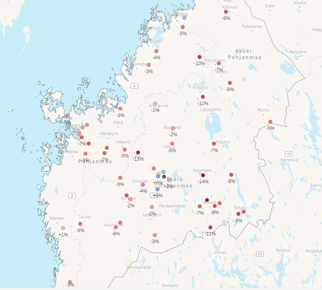 Bild 2. Den proportionella förändringen av trafikmängderna på LAM-punkterna från år 2019 till 2023. På bilden beskrivs med rött beräknade trafikmängder och med blått ökade trafikmängder. Mörkare färg beskriver större förändring. 