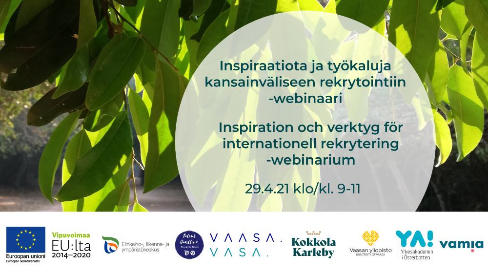 Webinaarin mainoskuva, lehtiä sekä webinaarin nimi ja yhteistyöorganisaatioiden logot