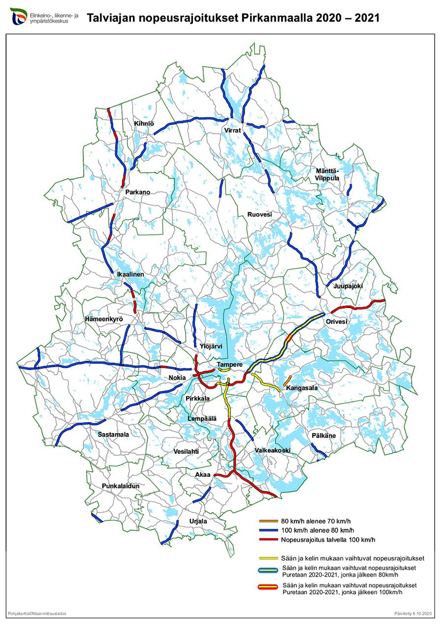 Talviajan nopeusrajoitukset Pirkanmaan kartalla 2020-2021.