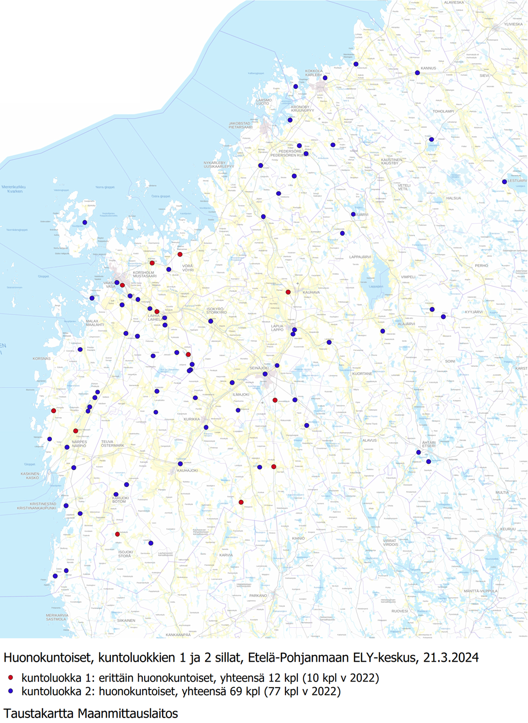 Broar i dåligt skick, konditionsklasserna 1 och 2, NTM-centralen i Södra Österbotten, 21.3.2024  Konditionsklass 1: mycket dåligt skick, sammanlagt 12 (10 broar år 2022) Konditionsklass 2: dåligt skick, sammanlagt 69 (77 broar år 2022) Bakgrundskarta Lantmäteriverket