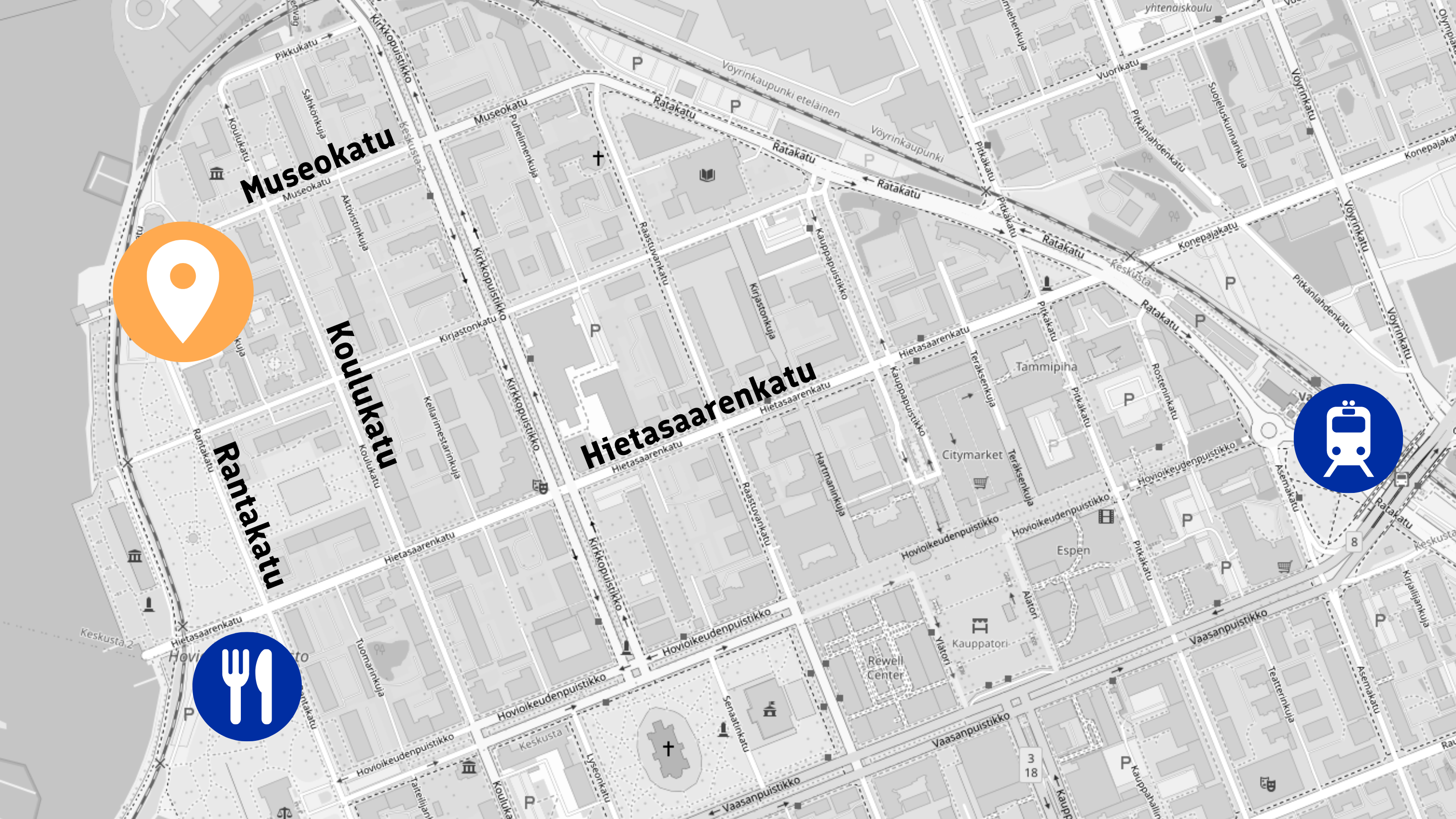 Mustavalkoinen kartta Vaasan keskustasta. Karttaan on merkitty rautatieasema, lounasravintola ja tapahtumapaikka. 