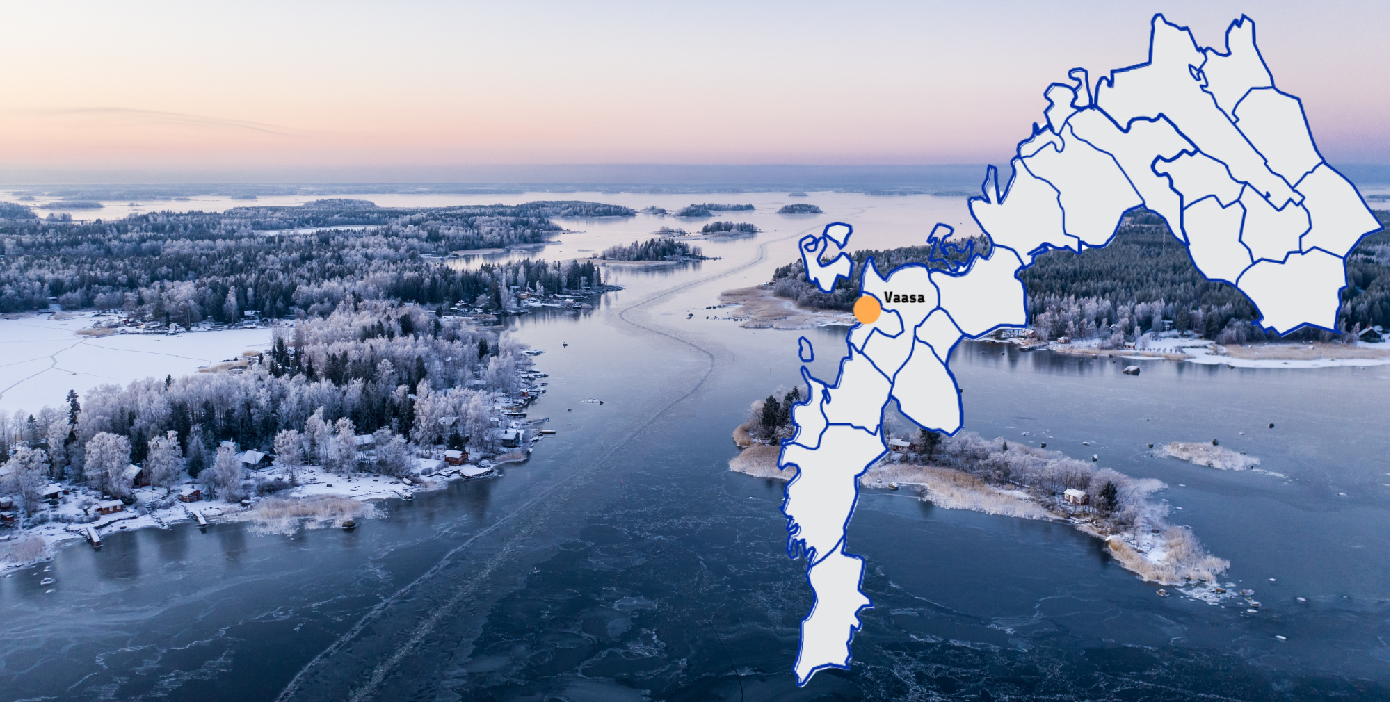 Vaasa archipelago and a map of Ostrobothnia with Vaasa marked.