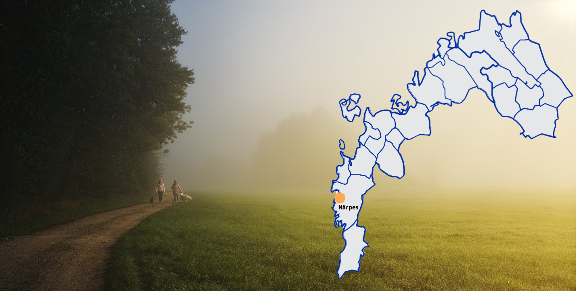 Two people and dogs are walking along a dirtroad. Picture also includes a map with Närpes marked. 