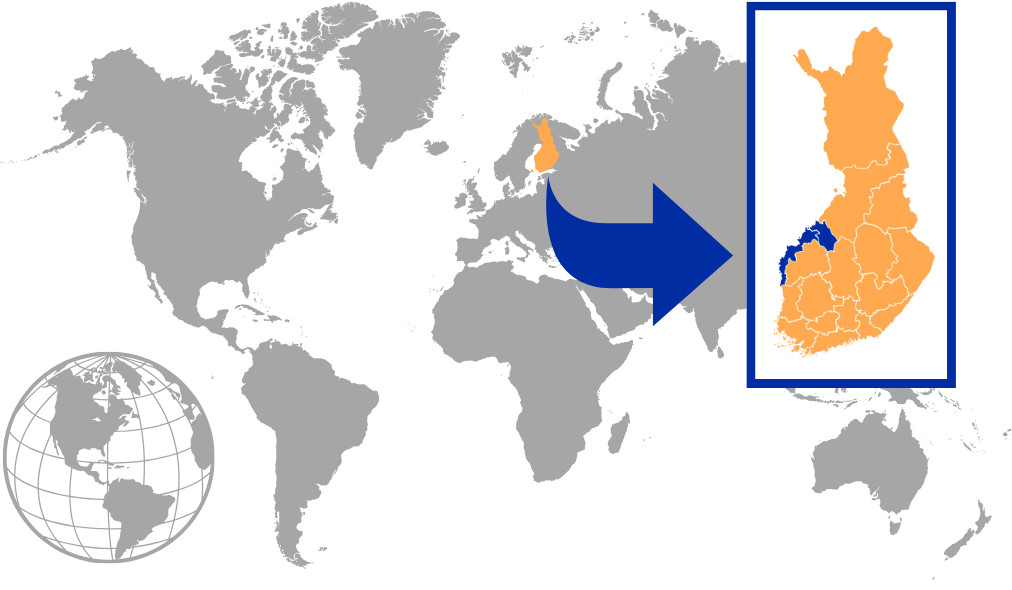 Ostrobothnia and Central Ostrobothnia pinned on a worldmap. 