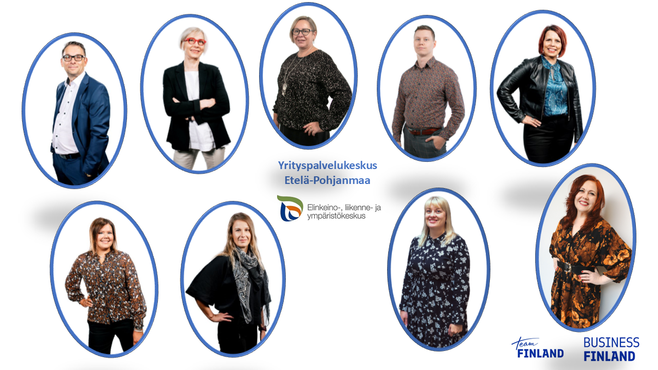 Kuvakollaasi Yrityspalvelukeskus Etelä-Pohjanmaa henkilöstöstä.